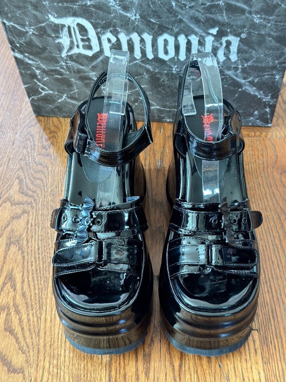 Demonia WAVE-13 Black Patent Platform Sandals | Goth Y2K | Size 9